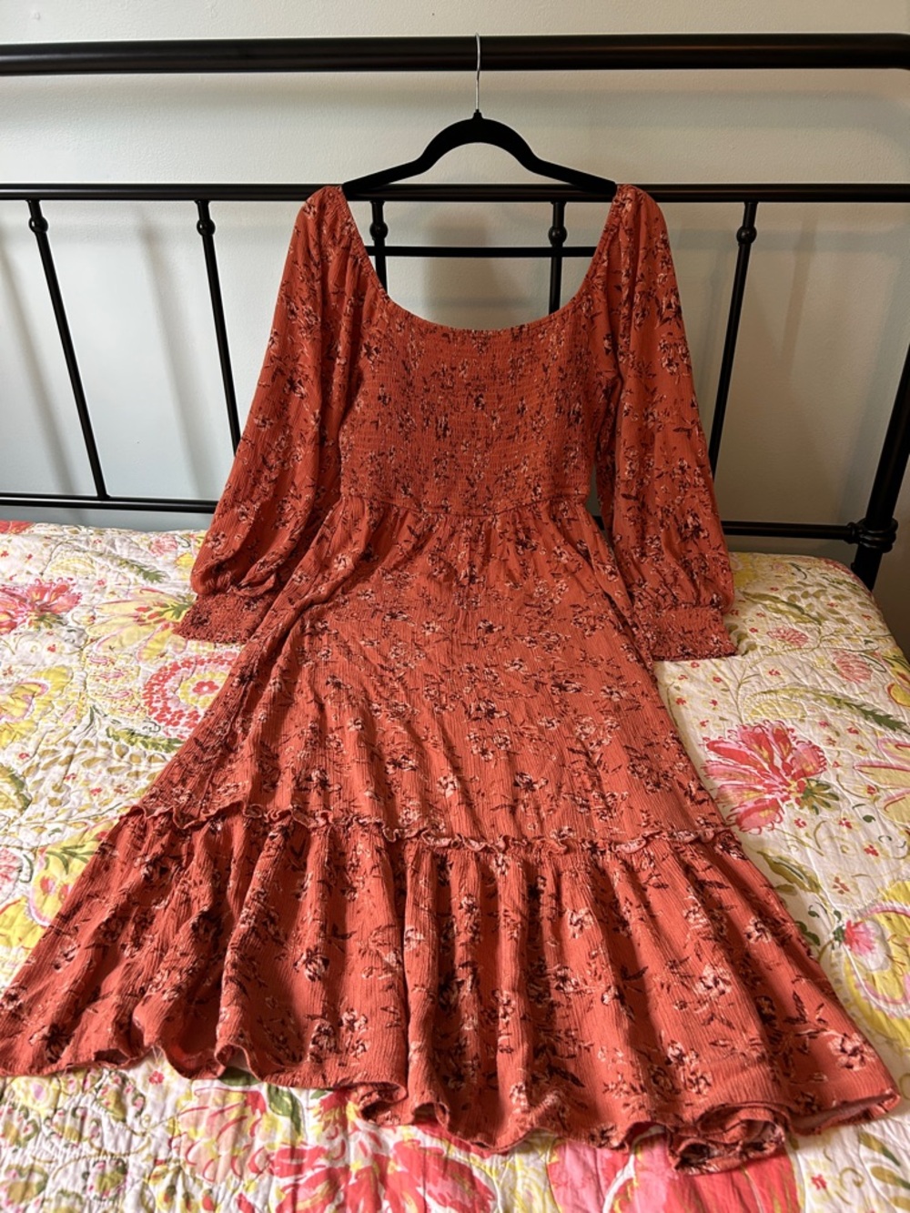 Rust Floral Long-Sleeve Tiered Midi Dress